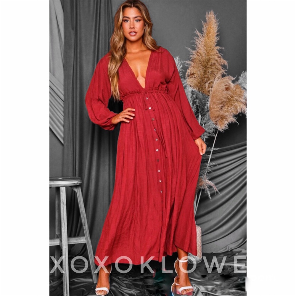Rusted Red Brick Long Sleeve Maxi Dress - Picture 4 of 10